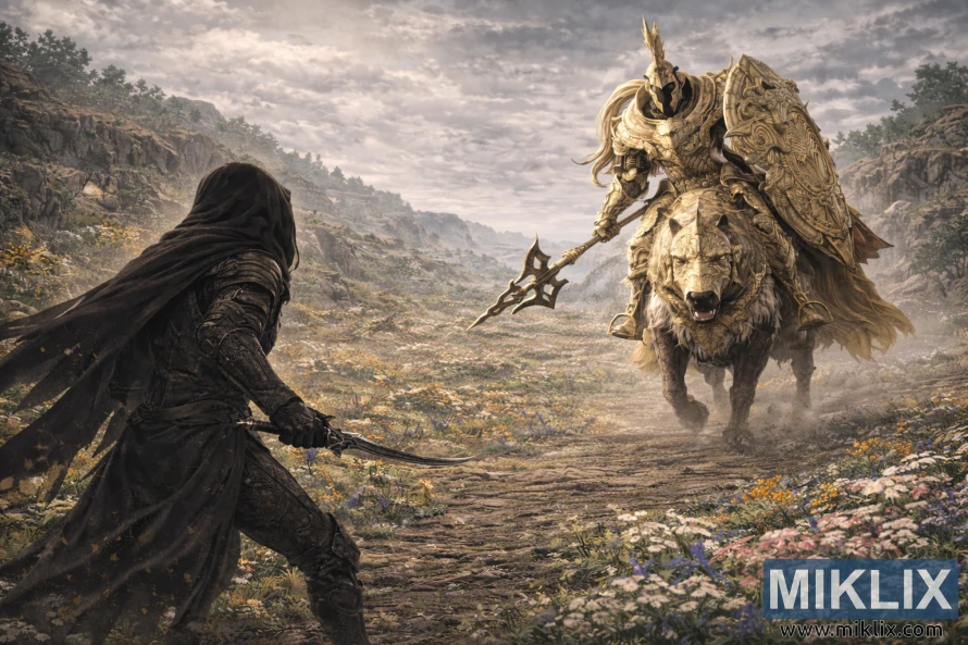 Wide anime-style scene showing the Tarnished from behind facing a much larger Tree Sentinel on horseback in a vast, flower-filled landscape before battle.