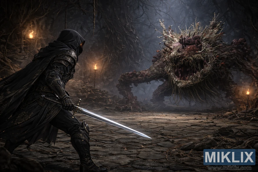 बाईं ओर पीछे से देखे गए टार्निश्ड का डार्क फैंटेसी इलस्ट्रेशन, तलवार खींचे हुए, फ्रिंजफोक हीरो की कब्र की छायादार गहराई में अल्सरेटेड ट्री स्पिरिट का सामना कर रहा है।