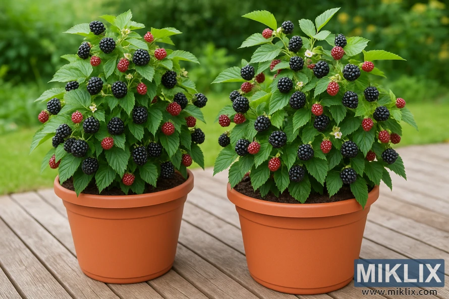 Du kompaktiški gervuogių krūmai, augantys terakotos vazonuose ant medinės terasos, pilni prinokusių ir neprinokusių uogų su žaliais lapais ir švelnia saulės šviesa. Du kompaktiški gervuogių krūmai, augantys terakotos vazonuose ant medinės terasos, pilni prinokusių ir neprinokusių uogų su žaliais lapais ir švelnia saulės šviesa.