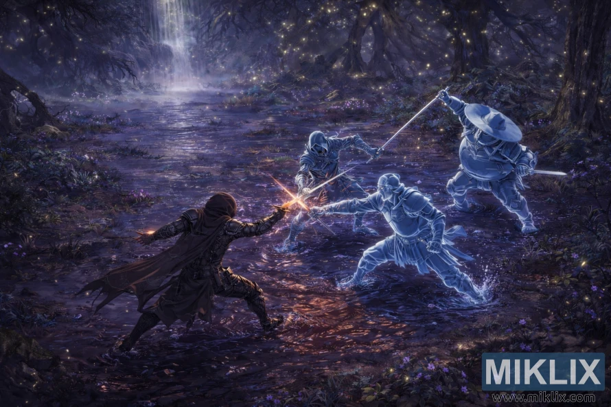 Seni penggemar Elden Ring gaya anime isometrik sing nuduhake Tarnished aktif nglawan telung Juara spektral nganggo pedhang sing tabrakan lan cipratan banyu ing Deeproot Depths.