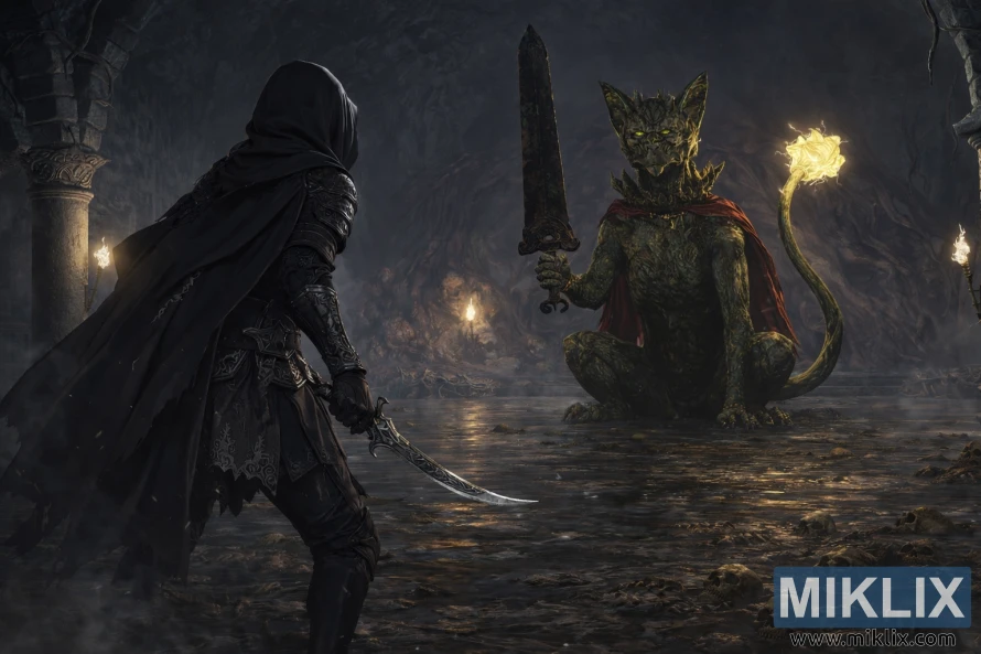 Anime style fan art of the Tarnished in Black Knife armor cautiously approaching a seated Erdtree Burial Watchdog boss inside a dim, flooded stone catacomb lit by torches.