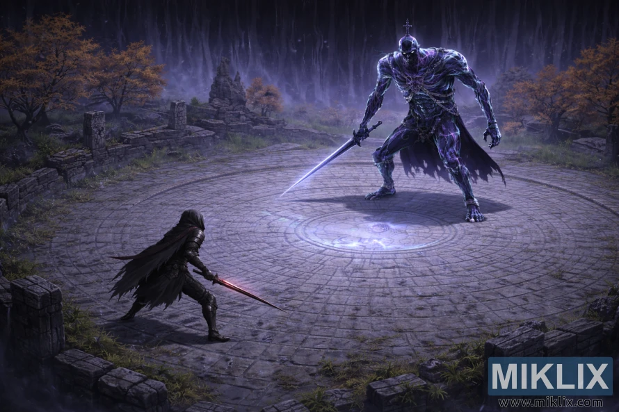 Isometric anime-style Elden Ring scene of the Tarnished with a red-glowing sword facing the towering Bols, Carian Knight, across a rune-carved circular arena in Cuckoo’s Evergaol. Isometric anime-style Elden Ring scene of the Tarnished with a red-glowing sword facing the towering Bols, Carian Knight, across a rune-carved circular arena in Cuckoo’s Evergaol.