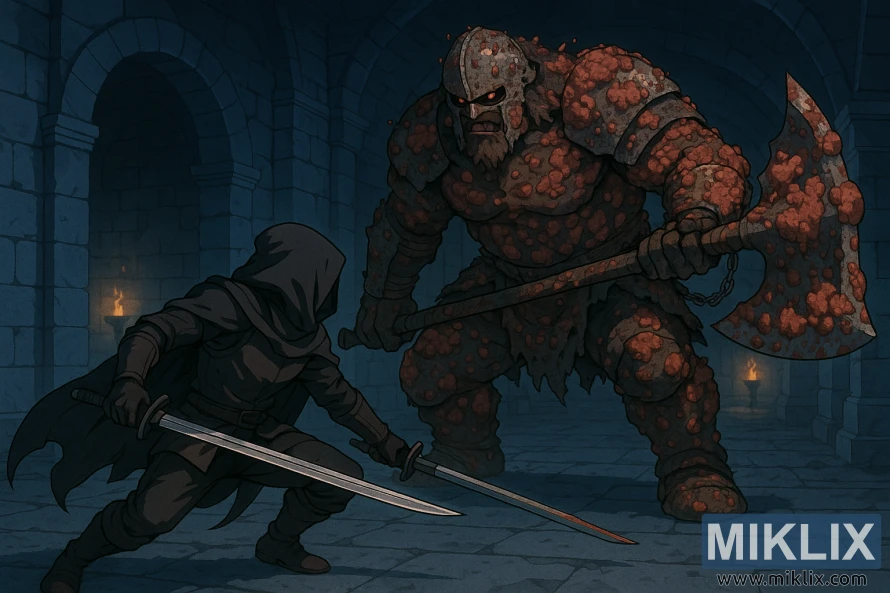 סצנת קרב בסגנון אנימה של לוחם סכין שחורה מול דו-קרב שומר קברים רקוב, אוחז בגרזן דו-ידי ענק בקטקומבה כחולה-אפורה.