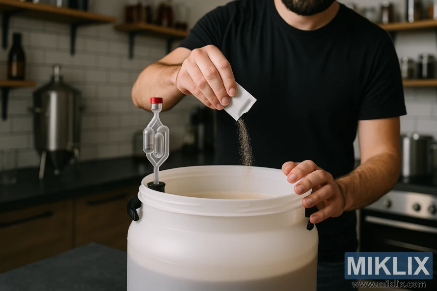 A homebrewer in a modern kitchen adds dry yeast to a white fermentation vessel fitted with an airlock, surrounded by stainless steel equipment and warm lighting. A homebrewer in a modern kitchen adds dry yeast to a white fermentation vessel fitted with an airlock, surrounded by stainless steel equipment and warm lighting.