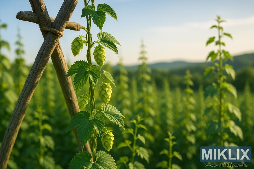 Calicross hops climbing a rustic trellis in a sunlit summer hop garden with rolling hills in the background