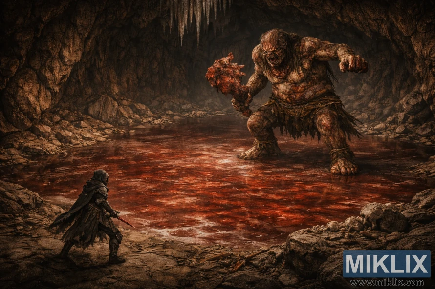 Isometrische Ansicht eines in Schwarzmesser-Rüstung gehüllten Befleckten, der einem hoch aufragenden Blutdämonenhäuptling in einer blutüberfluteten Höhle gegenübersteht.