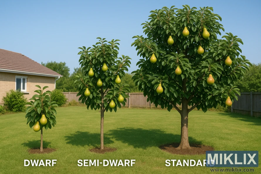Comparison of dwarf, semi-dwarf, and standard pear trees with fruit on a neatly kept lawn. Comparison of dwarf, semi-dwarf, and standard pear trees with fruit on a neatly kept lawn.