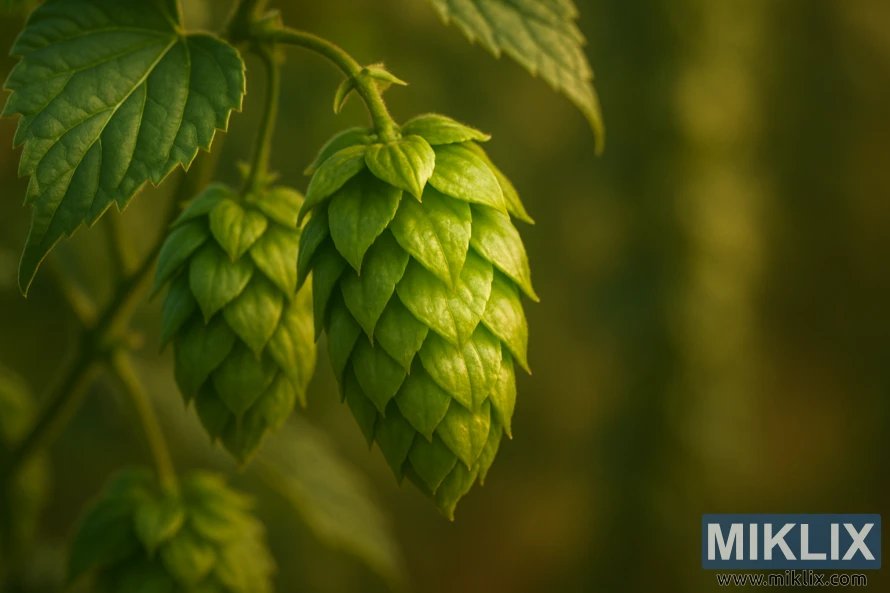 ہلکے دھندلے پس منظر کے خلاف گرم سورج کی روشنی سے روشن پتوں اور بیلوں کے ساتھ گرین ہاپ کونز کا تفصیلی نظارہ۔