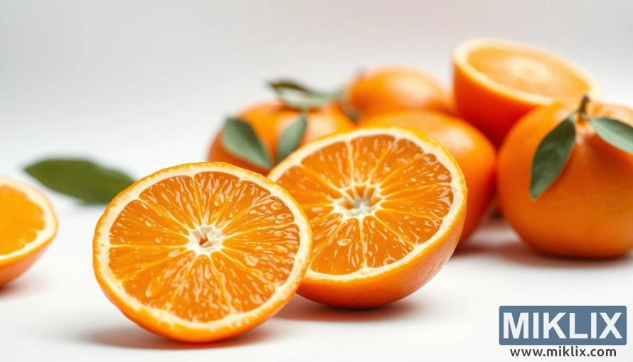 Հյութալի նարնջի կտոր՝ ամբողջական նարինջներով, սպիտակ ֆոնի վրա՝ մեղմ լույսի ներքո: Հյութալի նարնջի կտոր՝ ամբողջական նարինջներով, սպիտակ ֆոնի վրա՝ մեղմ լույսի ներքո: