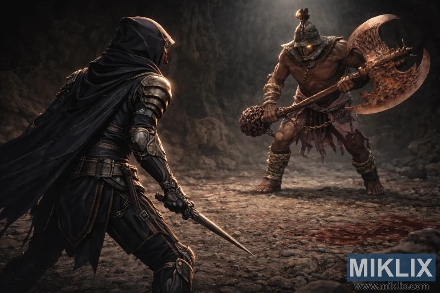 Фан-арт во аниме стил на кој се прикажува Оцрнетиот прикажан одзади како се соочува со Бесниот Дуелист во темна пештера, неколку моменти пред битката.