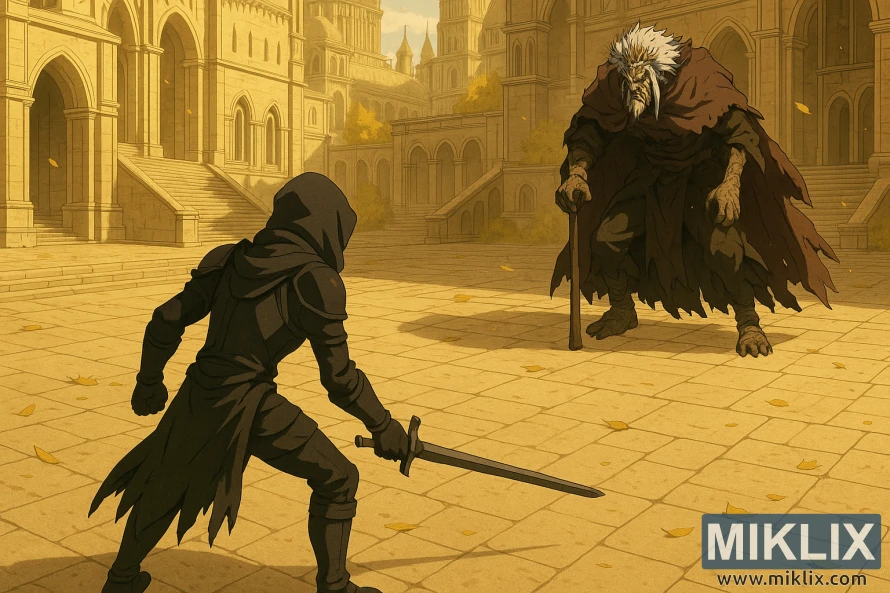 Wide isometric anime-style scene of the Tarnished with a one-handed sword in the lower left facing Morgott in the upper right across a sunlit stone courtyard in Leyndell.