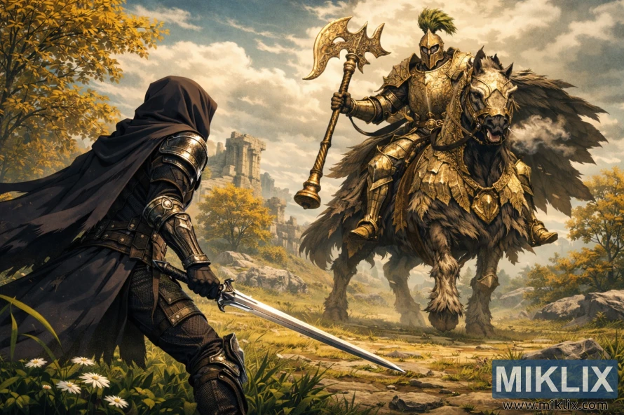 Illustrazione fantasy in stile anime di un Tarnished incappucciato, visto di spalle sulla sinistra, mentre impugna una spada e affronta l'imponente boss dorato Tree Sentinel a cavallo in un campo soleggiato con delle rovine.