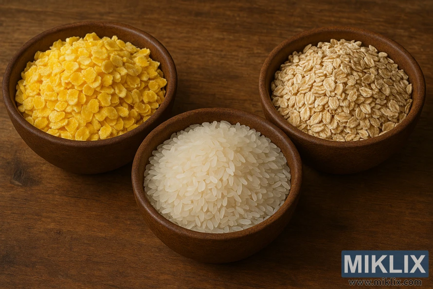 소박한 나무 표면 위에 얇게 썬 옥수수, 쌀, 보리가 담긴 나무 그릇 세 개.