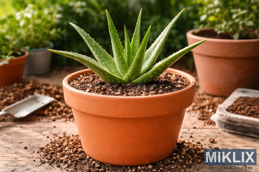 Healthy aloe vera correctly planted at proper soil level in an appropriately sized terracotta pot with well-draining soil Healthy aloe vera correctly planted at proper soil level in an appropriately sized terracotta pot with well-draining soil