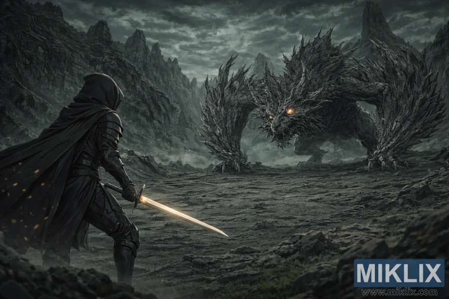 Wide anime-style view of the Tarnished seen from behind on the left, holding a glowing sword while facing a massive jagged beast amid a dark, stormy mountain landscape.