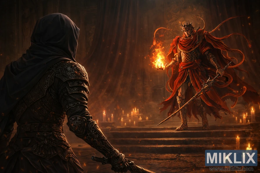 Anime-style fan art showing the Tarnished in Black Knife armor on the left, seen from behind, facing Messmer the Impaler holding a flame inside the candlelit Shadow Keep