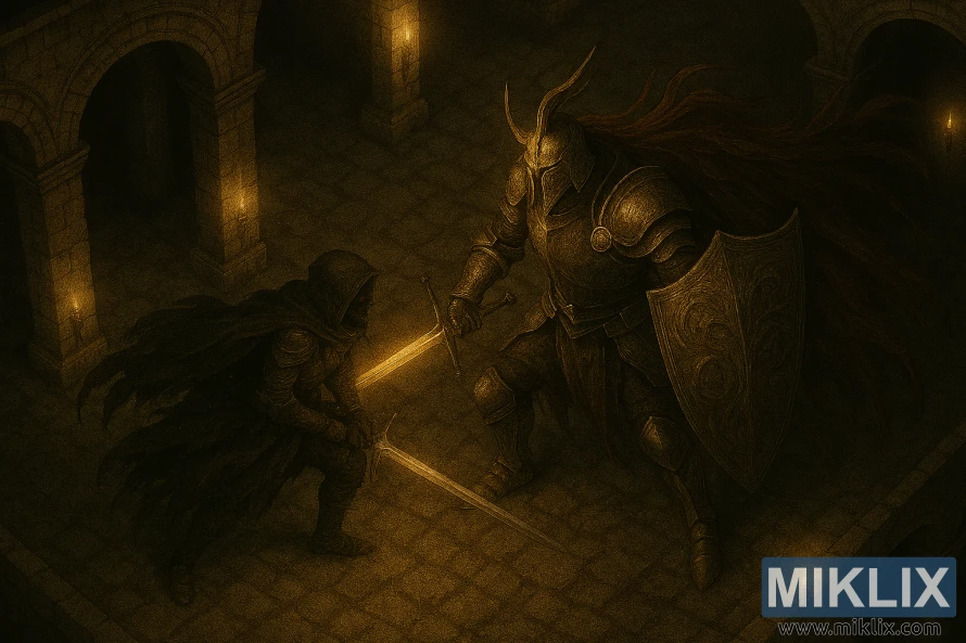 Realistic fan art of the Tarnished fighting Crucible Knight Ordovis in Elden Ring's Auriza Hero's Grave.