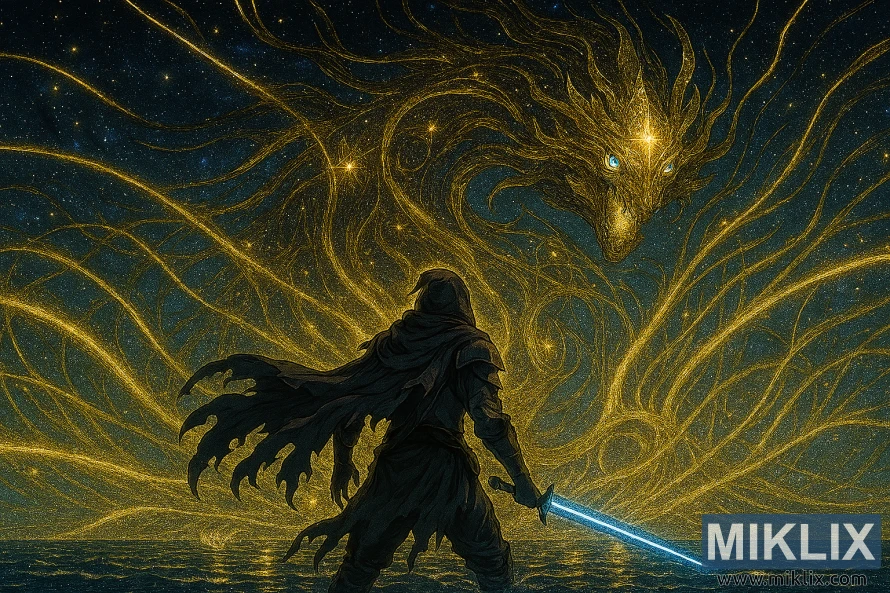 Anime-style fanart of Black Knife warrior facing the Elden Beast in a cosmic landscape