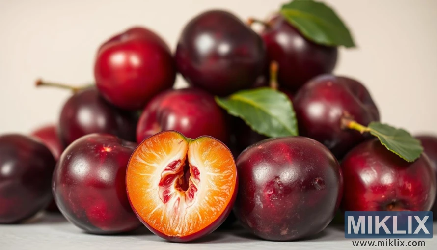 Свежие спелые сливы с темно-фиолетовой кожицей, блестящие под теплым светом на минималистичном фоне.