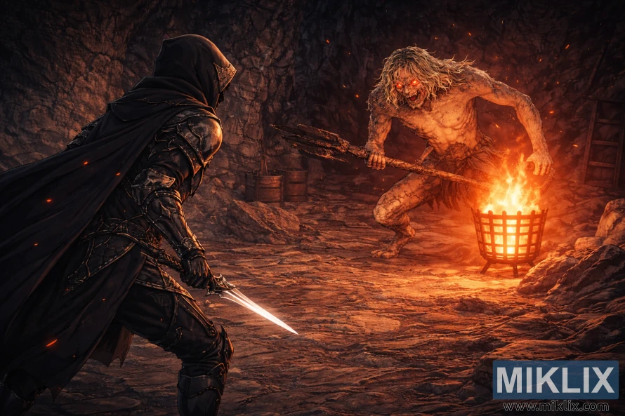 Anime style Elden Ring fan art showing a Black Knife armored Tarnished seen from behind confronting a giant Scaly Misbegotten in a fiery cave with wide background view.