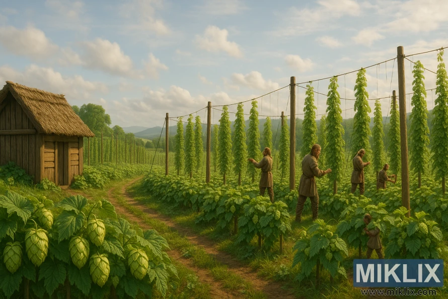 Viking farmers tend green hop vines on wooden poles in a sunlit field with a rustic shed and rolling hills in the background. Viking farmers tend green hop vines on wooden poles in a sunlit field with a rustic shed and rolling hills in the background.