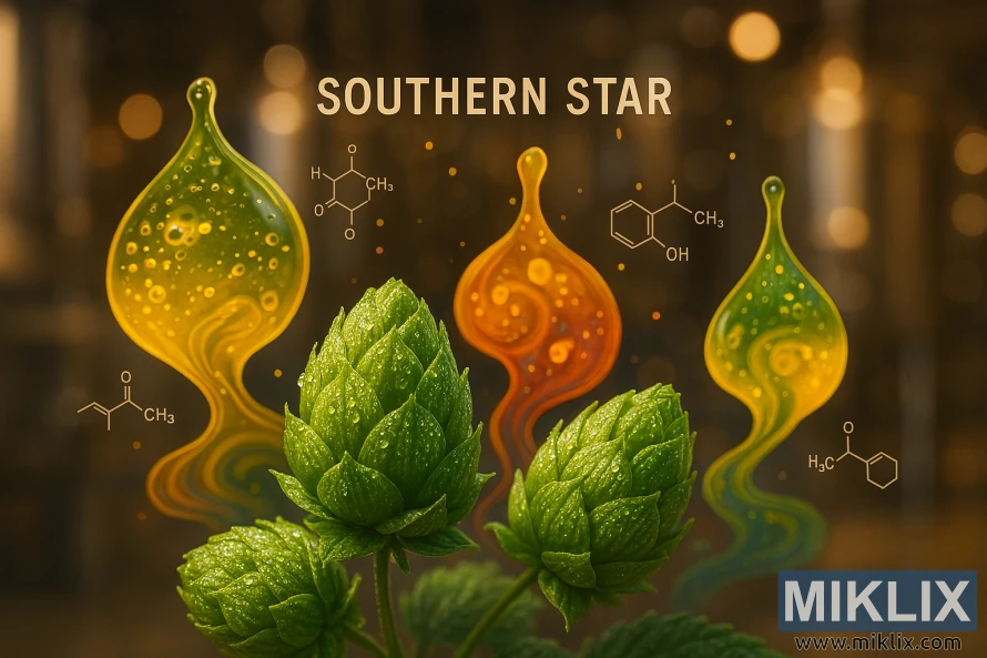 南方之星啤酒花錐體的藝術圖像,配上抽象的精油圖案和模糊的釀酒廠背景。 南方之星啤酒花錐體的藝術圖像,配上抽象的精油圖案和模糊的釀酒廠背景。