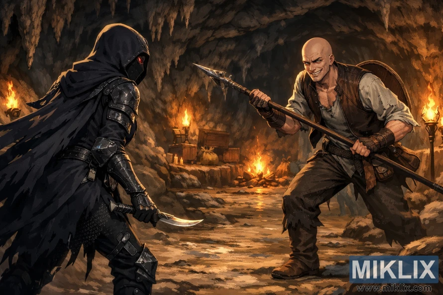 Anime style fan art of the Tarnished in Black Knife armor facing Patches in a torchlit cave moments before battle.