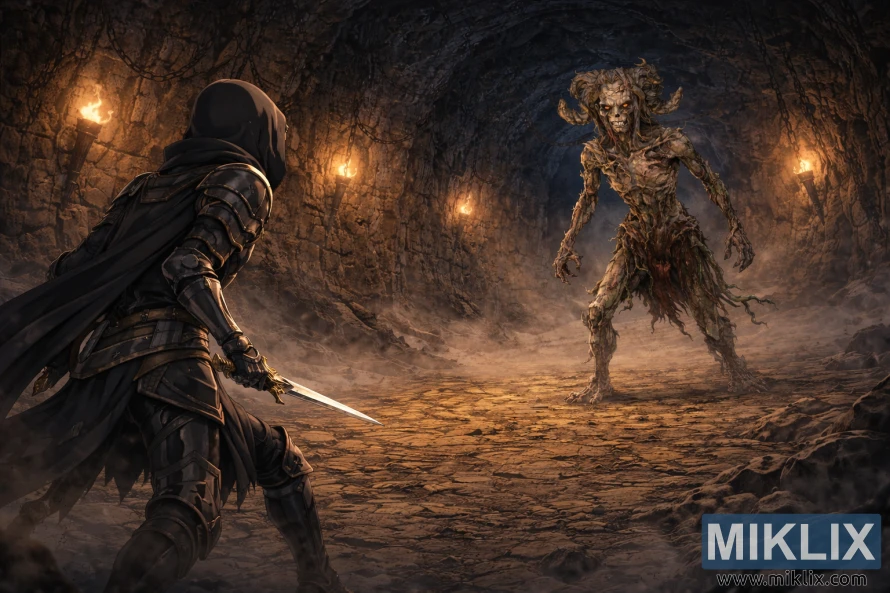 Bred anime-stil scene av Tarnished in Black Knife-rustningen til venstre, sett bakfra, vendt mot den hornede Lamenter-bossen på tvers av en tåkete, fakkelbelyst steintunnel.