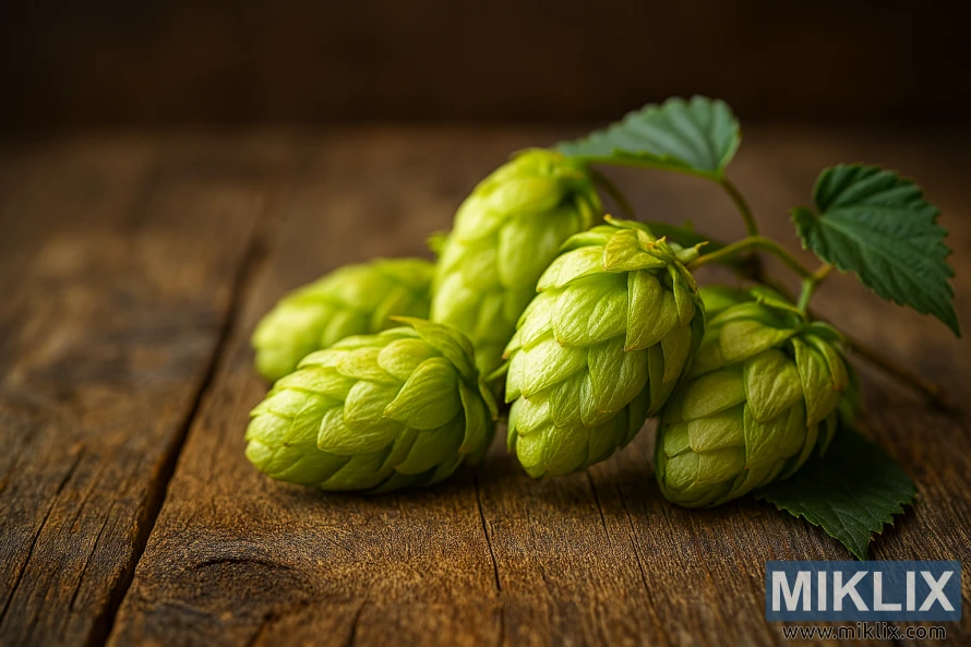 Svježi češeri hmelja First Gold s lišćem na rustikalnom drvenom stolu