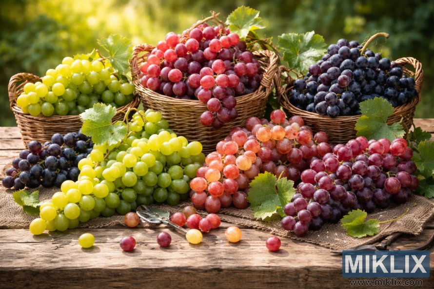 Assorted green, red, and purple grapes arranged in wicker baskets on a rustic wooden table with grape leaves and natural sunlight.