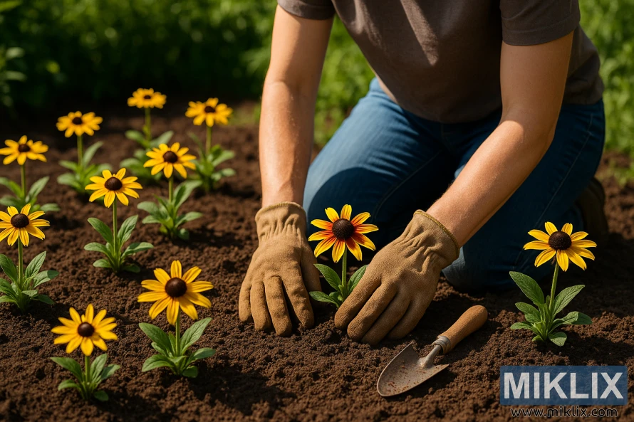 Close-up of a gardener planting Black-Eyed Susan seedlings in rich soil on a bright summer day, surrounded by blooming yellow flowers. Close-up of a gardener planting Black-Eyed Susan seedlings in rich soil on a bright summer day, surrounded by blooming yellow flowers.