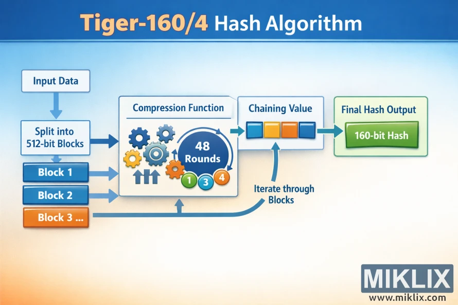 Landscape diagram showing a high-level Tiger-160/4 hash pipeline: input data is split into blocks, processed through an abstract multi-round compression stage, and output as a 160-bit hash digest represented by a short placeholder hex string.
