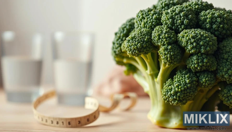 Close-up van verse broccoli met onscherpe achtergrond van water en meetlint. Close-up van verse broccoli met onscherpe achtergrond van water en meetlint.