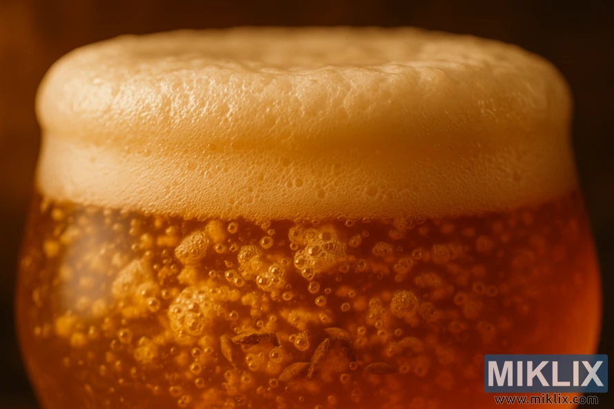 Un prim-plan al unei beri chihlimbari în fermentație, cu bule în creștere și o spumă groasă și cremoasă care strălucește sub lumina caldă a chihlimbarului. Un prim-plan al unei beri chihlimbari în fermentație, cu bule în creștere și o spumă groasă și cremoasă care strălucește sub lumina caldă a chihlimbarului.