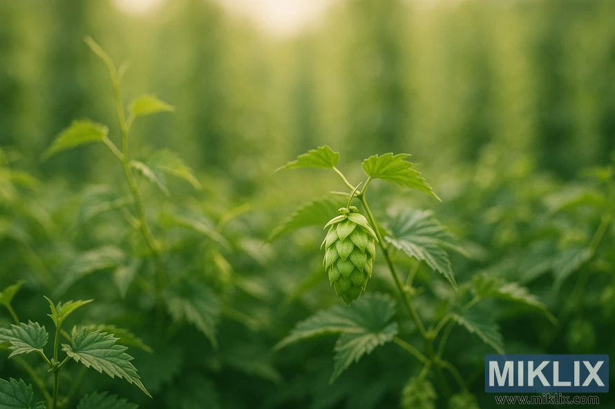 Pamje nga afër e një koni të vetëm të gjelbër të humulusit në fokus të mprehtë kundrejt një sfondi të turbullt të bimëve të harlisura të humulusit nën rrezet e ngrohta të diellit.