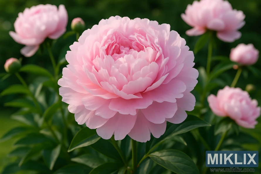 A close-up of a Sarah Bernhardt peony with large, fluffy pink double blooms in a lush garden setting.