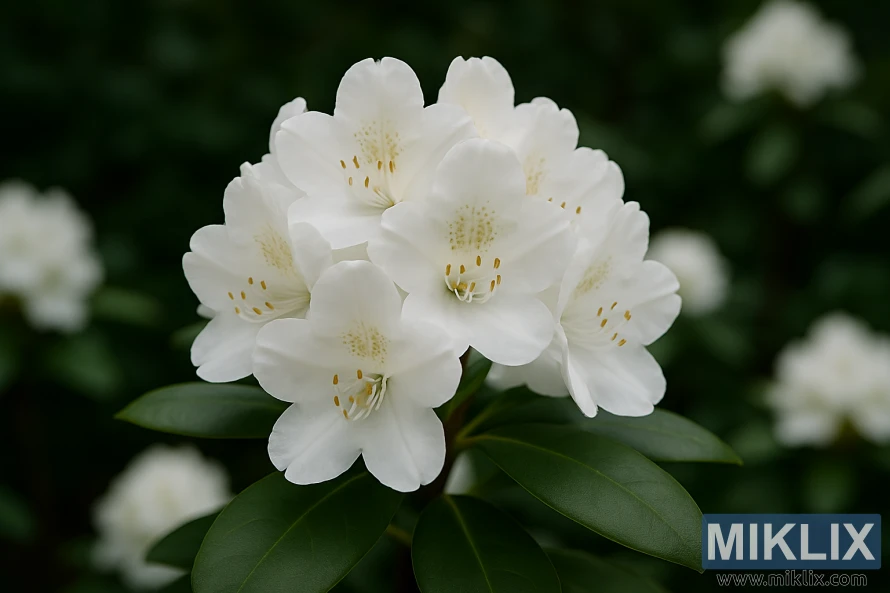 Close-up of Boule de Neige rhododendron with pure white blossoms and golden speckles. Close-up of Boule de Neige rhododendron with pure white blossoms and golden speckles.