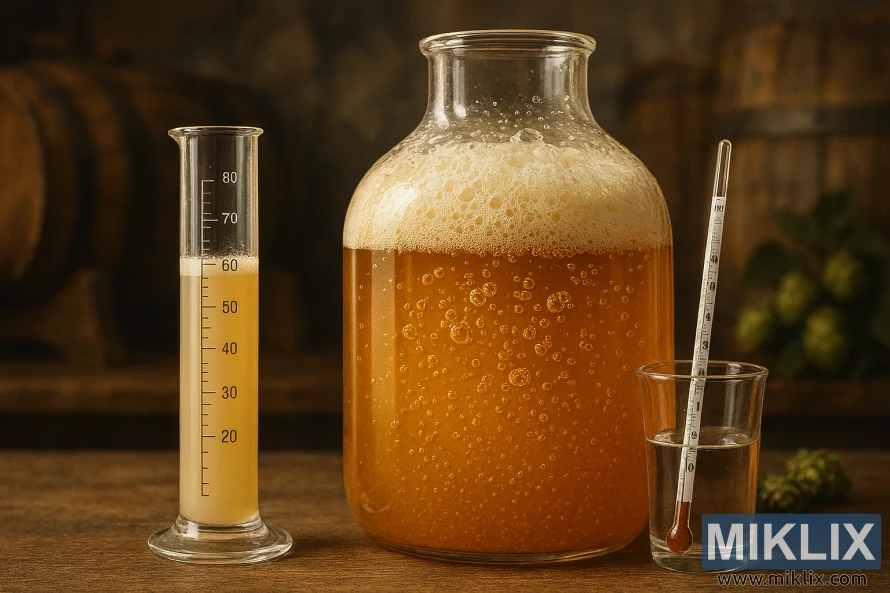 Fermentation vessel with golden wort, measuring tools, and rustic brewery background illustrating WLP670 pitching rate.