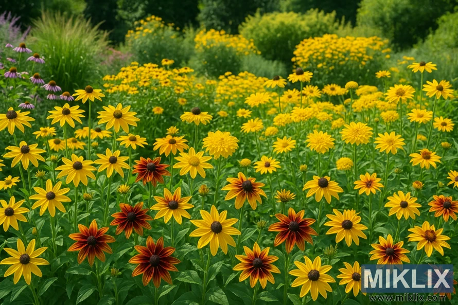A vibrant summer garden filled with yellow and orange Black-Eyed Susans surrounded by green foliage and companion flowers under bright sunlight. A vibrant summer garden filled with yellow and orange Black-Eyed Susans surrounded by green foliage and companion flowers under bright sunlight.