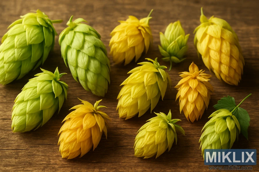 Detil detil rupa congcot hop disusun dina permukaan kai rustic.