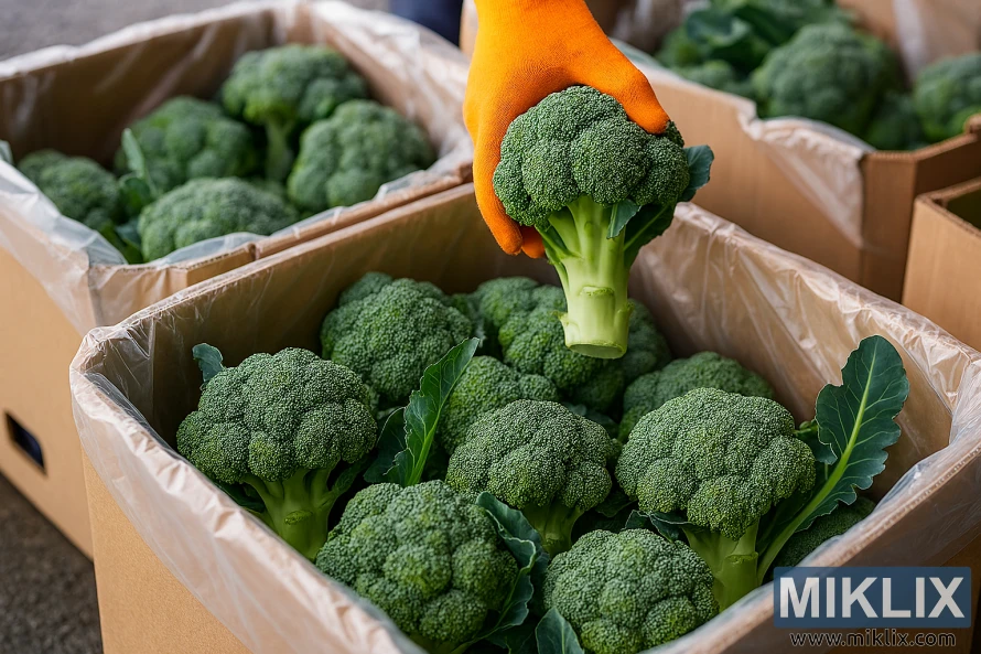 Close-up of freshly harvested broccoli being packed into lined cardboard boxes by a gloved hand. Close-up of freshly harvested broccoli being packed into lined cardboard boxes by a gloved hand.