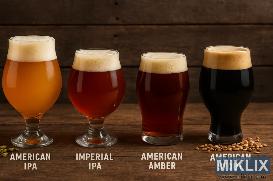 Papat bir kerajinan Amerika ing meja kayu pedesaan, saka IPA nganti gagah.