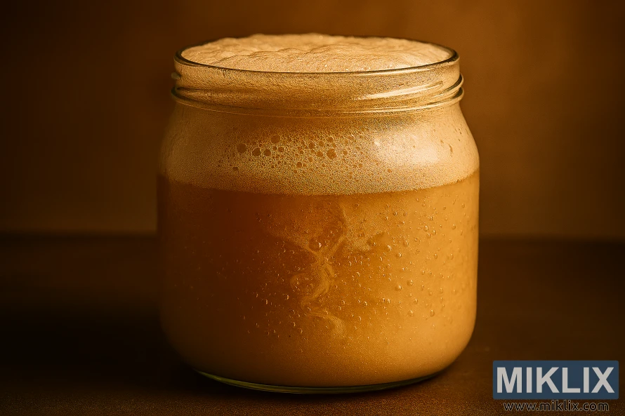 Närbild av en glasburk fylld med bubblande jäststarter och tjockt skum under varmt ljus