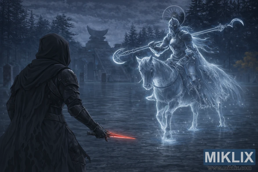 Fan art of Black Knife armor player facing Royal Knight Loretta in Caria Manor Fan art of Black Knife armor player facing Royal Knight Loretta in Caria Manor