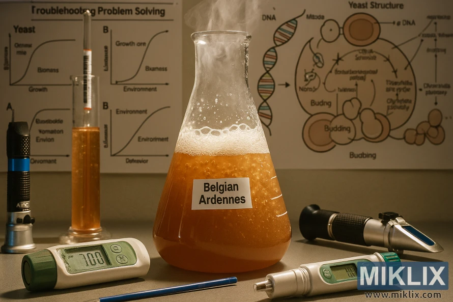 Bubbling Erlenmeyer flask with Belgian Ardennes yeast surrounded by brewing tools and scientific charts Bubbling Erlenmeyer flask with Belgian Ardennes yeast surrounded by brewing tools and scientific charts