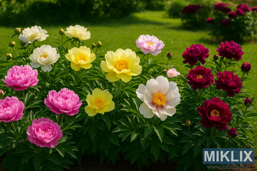 A lush garden filled with multiple peony varieties in pink, white, yellow, and red, all blooming beautifully under bright summer sunlight.