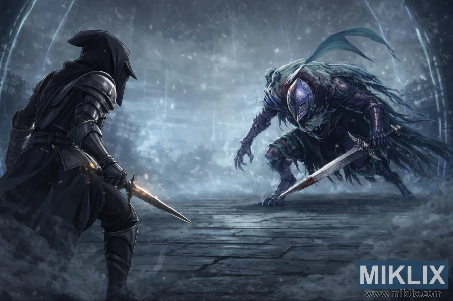 Anime style fantasy scene of a black-armored Tarnished facing Bloodhound Knight Darriwil with a sword inside a misty magical arena before battle. Anime style fantasy scene of a black-armored Tarnished facing Bloodhound Knight Darriwil with a sword inside a misty magical arena before battle.