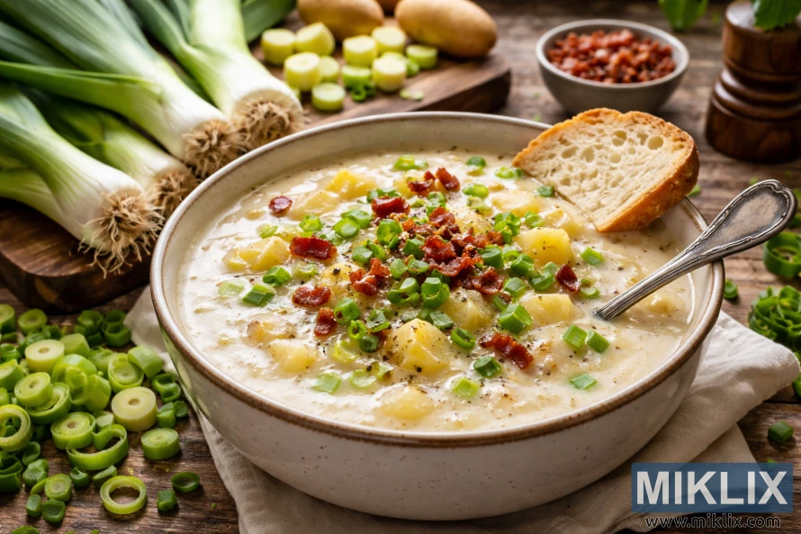 A bowl of creamy potato leek soup topped with green onions and bacon bits, surrounded by fresh leeks, potatoes, and crusty bread on a rustic wooden table.