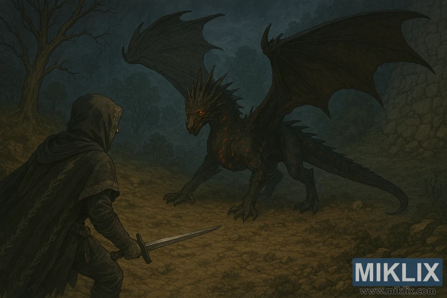 Półrealistyczna fanowska grafika przedstawiająca zbroję Tarnished in Black Knife konfrontującą się z Lichdragonem Fortissaxem w Głębinach Elden Ring