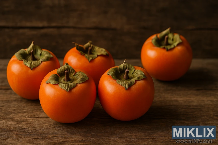 Five ripe orange Asian persimmons resting on a weathered wooden table with soft natural lighting. Five ripe orange Asian persimmons resting on a weathered wooden table with soft natural lighting.